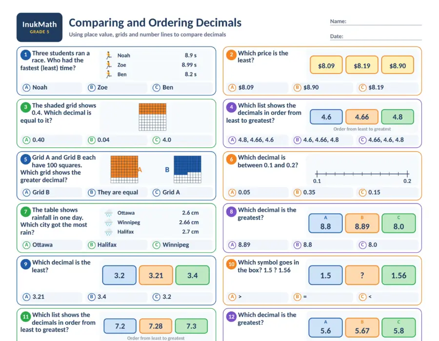 Comparing and Ordering Decimals – Grade 5 math worksheet (preview)