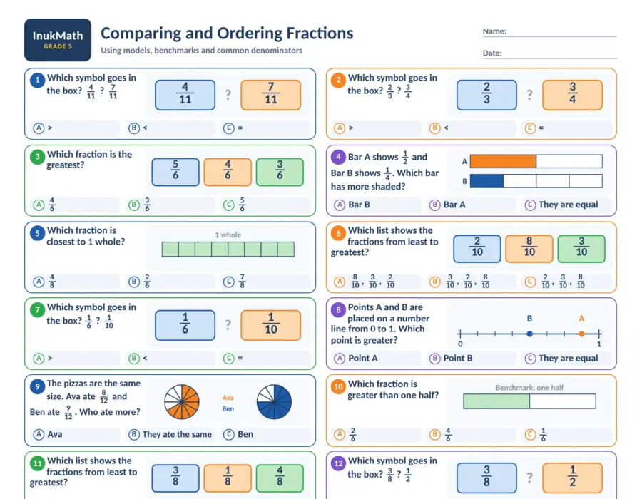 Comparing and Ordering Fractions – Grade 5 math worksheet (preview)