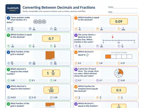 Converting Between Decimals and Fractions – Grade 5 math worksheet preview