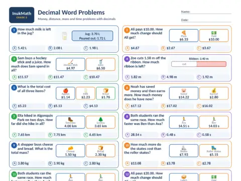Decimal Word Problems – Grade 5 math worksheet preview