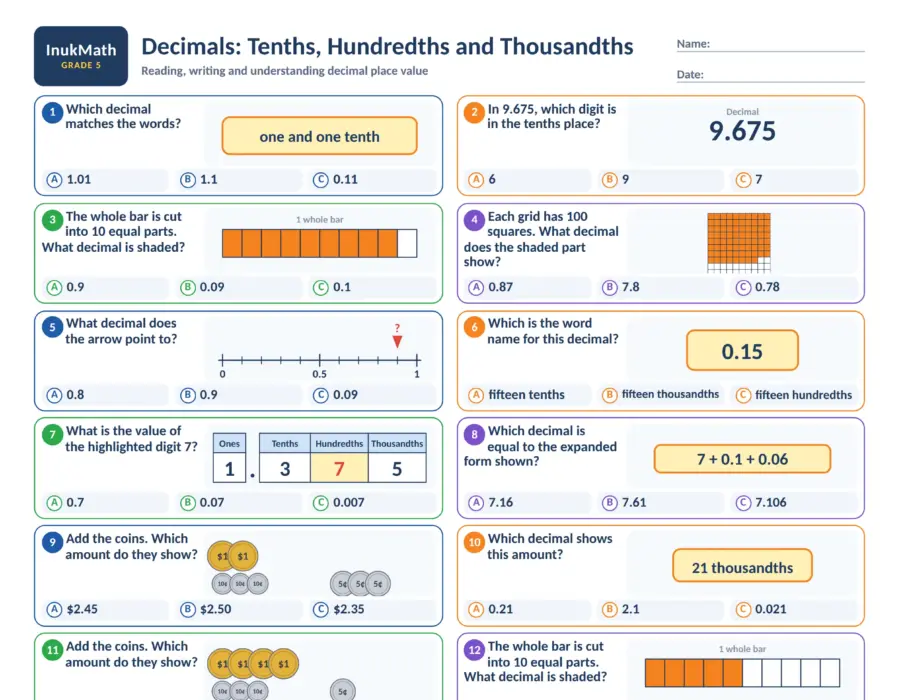 Decimals: Tenths, Hundredths and Thousandths – Grade 5 math worksheet (preview)
