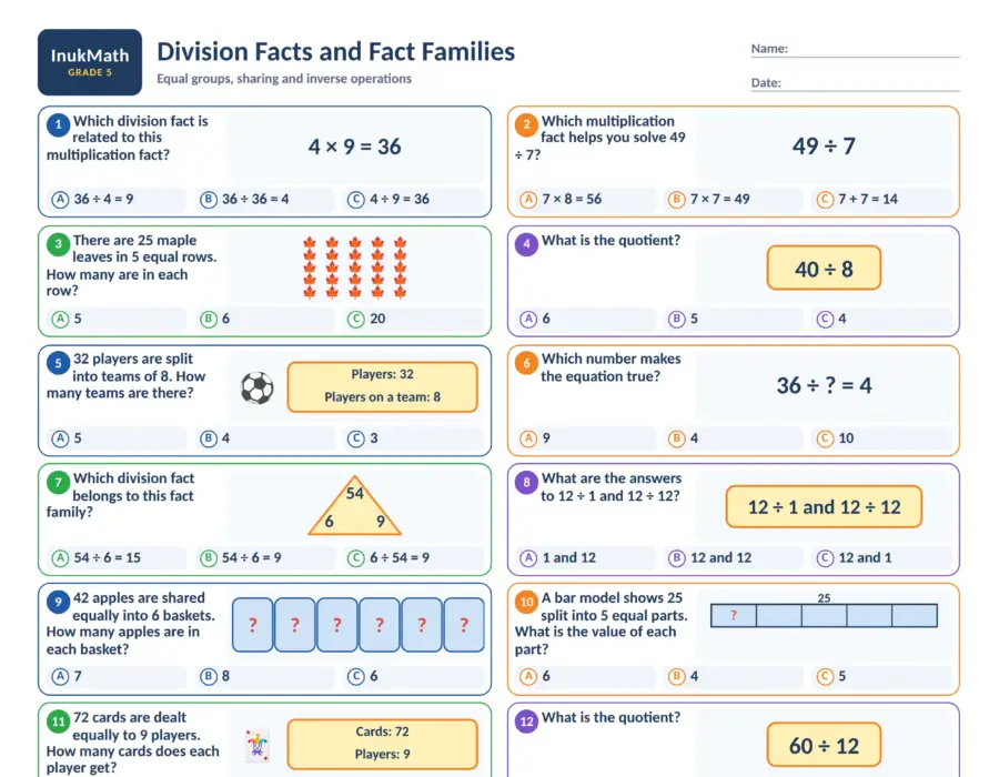 Division Facts and Fact Families – Grade 5 math worksheet (preview)