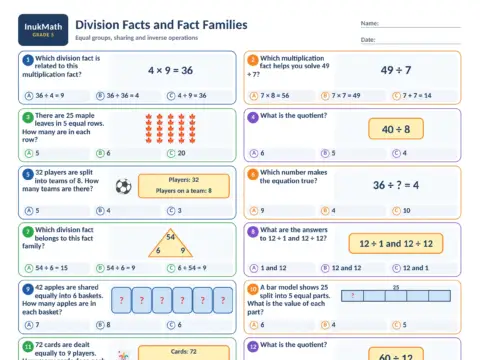 Division Facts and Fact Families – Grade 5 math worksheet preview