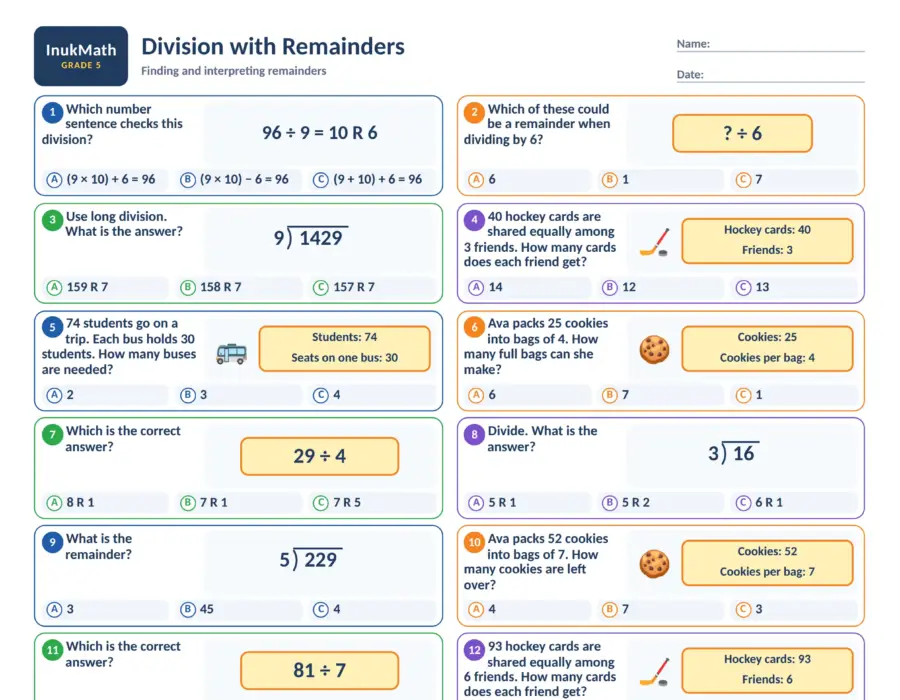 Division with Remainders – Grade 5 math worksheet (preview)