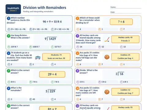 Division with Remainders – Grade 5 math worksheet preview