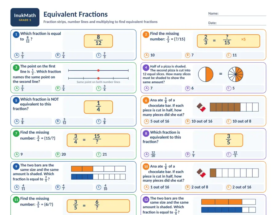 Equivalent Fractions – Grade 5 math worksheet (preview)