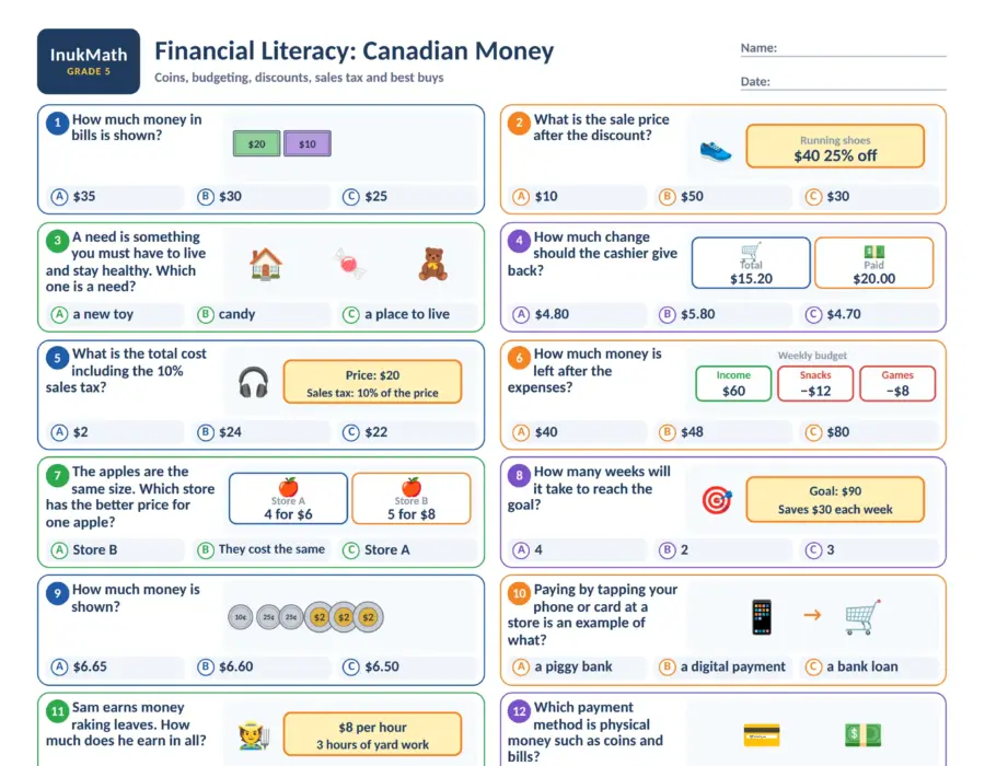 Financial Literacy: Canadian Money – Grade 5 math worksheet (preview)