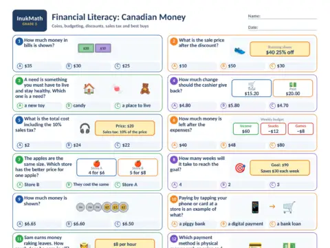 Financial Literacy: Canadian Money – Grade 5 math worksheet preview
