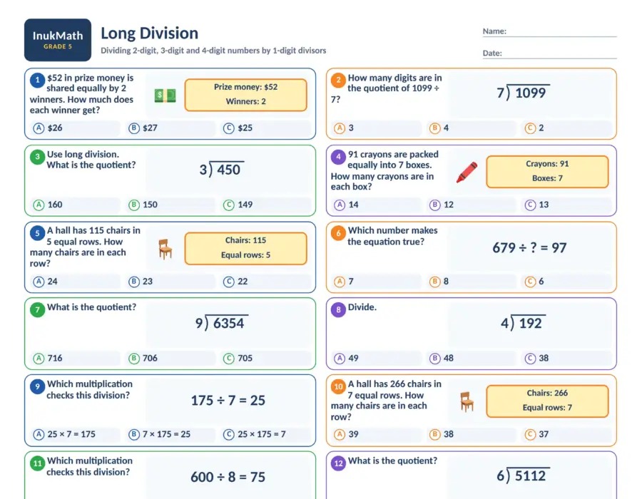 Long Division – Grade 5 math worksheet (preview)
