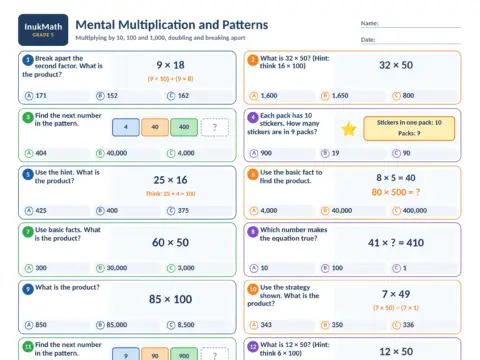 Mental Multiplication and Patterns – Grade 5 math worksheet preview