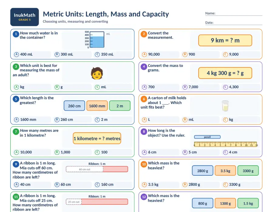 Metric Units: Length, Mass and Capacity – Grade 5 math worksheet (preview)