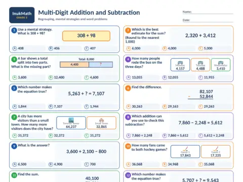 Multi-Digit Addition and Subtraction – Grade 5 math worksheet preview