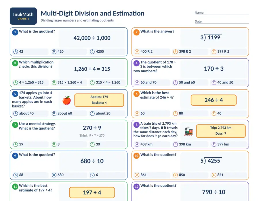 Multi-Digit Division and Estimation – Grade 5 math worksheet (preview)