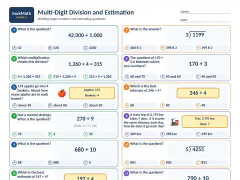 Multi-Digit Division and Estimation – Grade 5 math worksheet preview