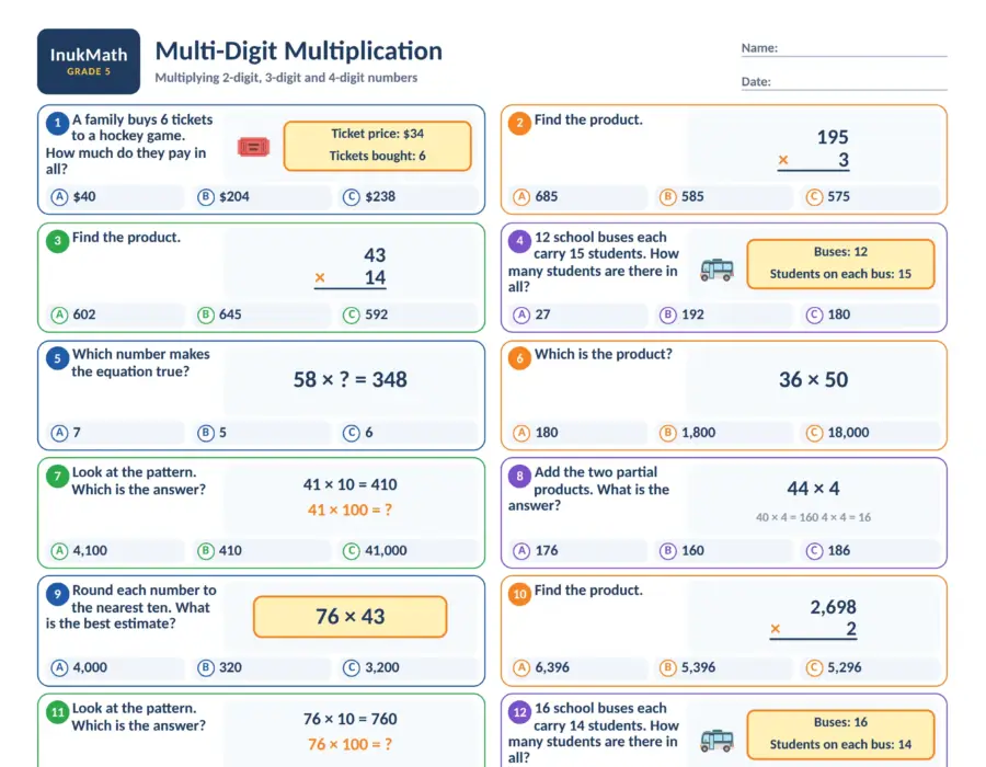 Multi-Digit Multiplication – Grade 5 math worksheet (preview)