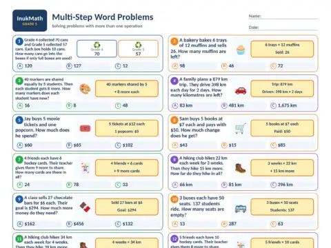 Multi-Step Word Problems – Grade 5 math worksheet preview
