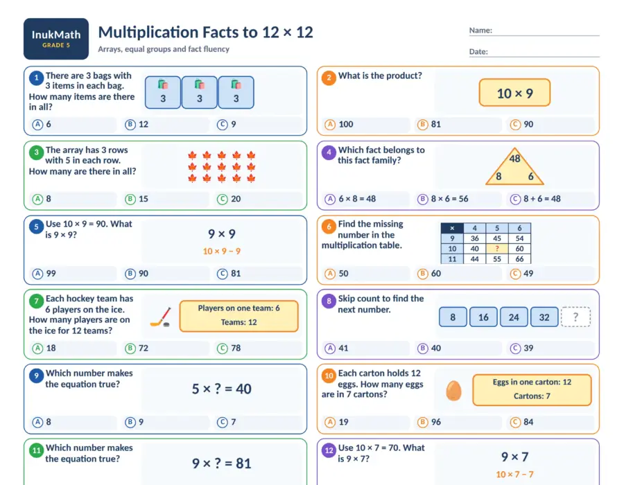Multiplication Facts to 12 × 12 – Grade 5 math worksheet (preview)