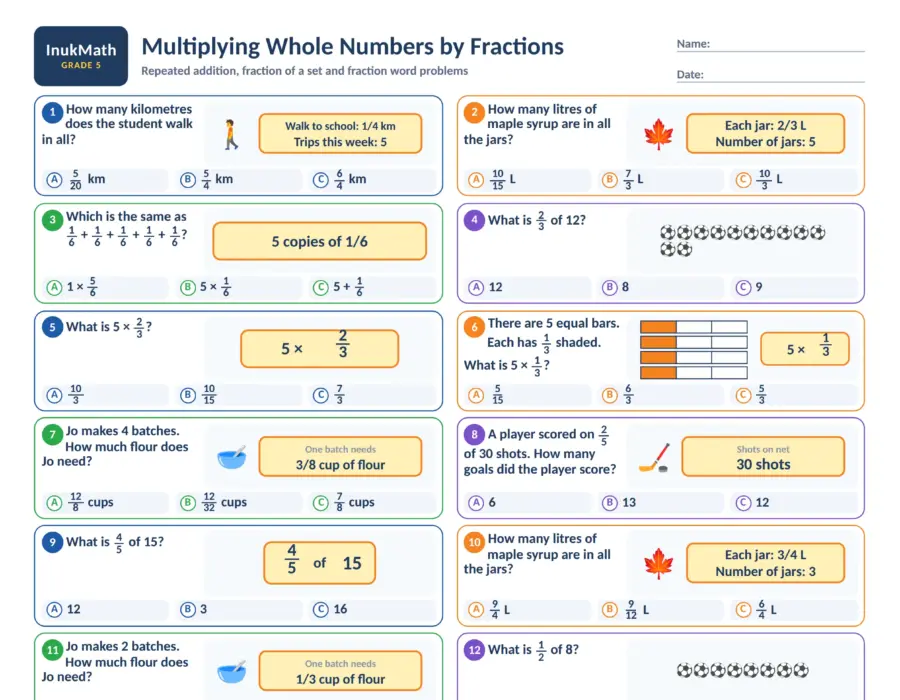Multiplying Whole Numbers by Fractions – Grade 5 math worksheet (preview)