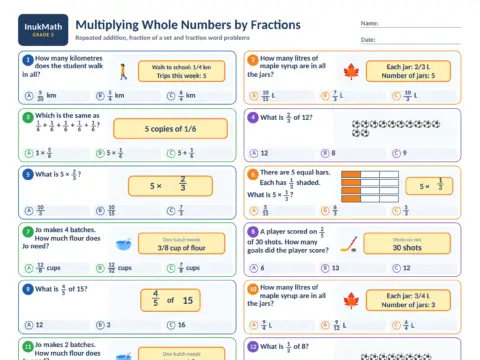 Multiplying Whole Numbers by Fractions – Grade 5 math worksheet preview