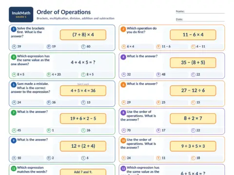 Order of Operations – Grade 5 math worksheet preview