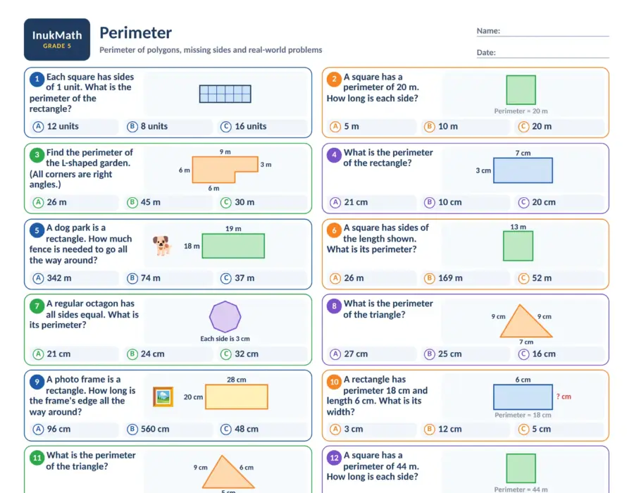 Perimeter – Grade 5 math worksheet (preview)