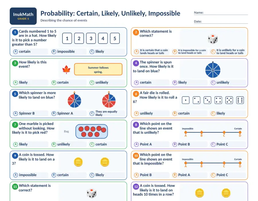Probability (Certain, Likely, Unlikely, Impossible) – Grade 5 math worksheet (preview)