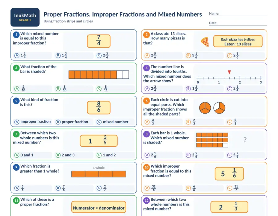 Proper Fractions, Improper Fractions and Mixed Numbers – Grade 5 math worksheet (preview)