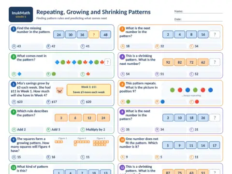 Repeating, Growing and Shrinking Patterns – Grade 5 math worksheet preview