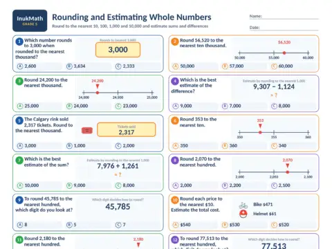 Rounding and Estimating Whole Numbers – Grade 5 math worksheet preview