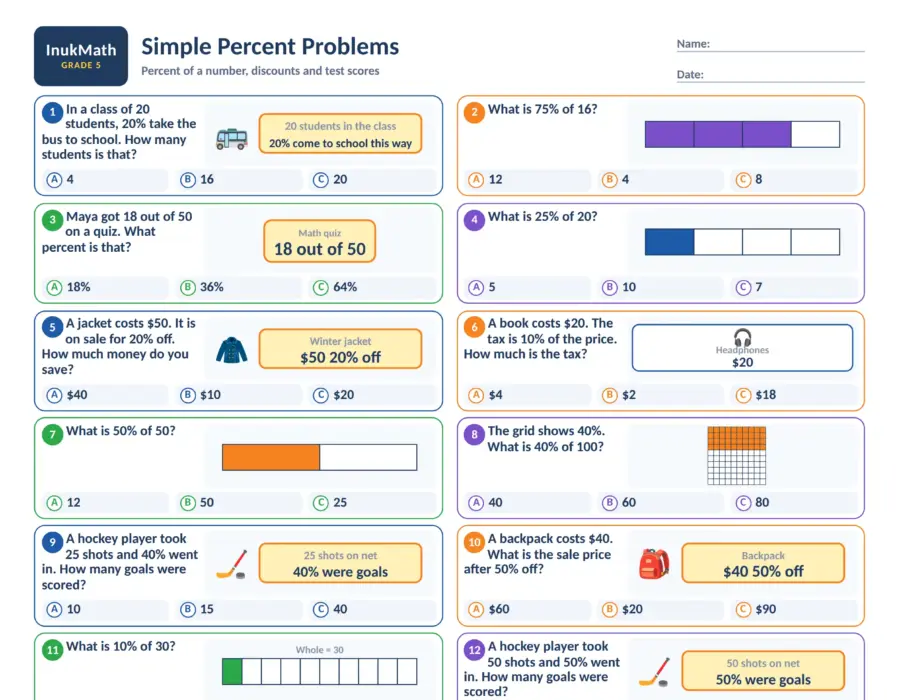 Simple Percent Problems – Grade 5 math worksheet (preview)