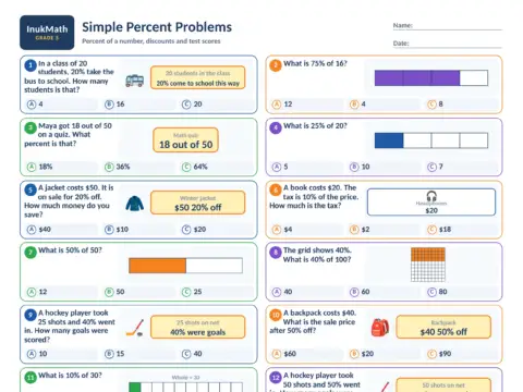 Simple Percent Problems – Grade 5 math worksheet preview