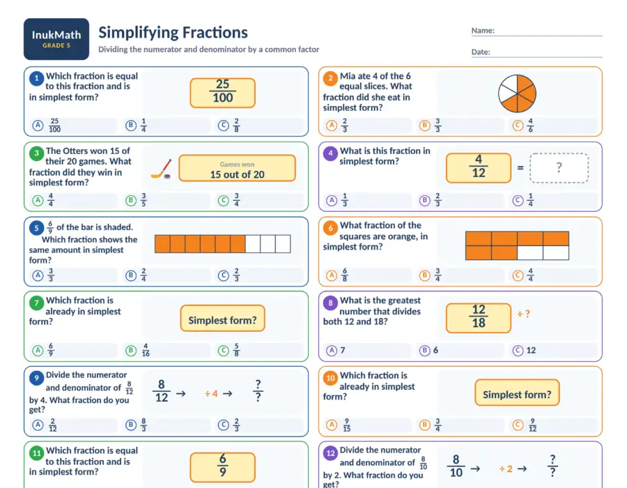 Simplifying Fractions – Grade 5 math worksheet (preview)