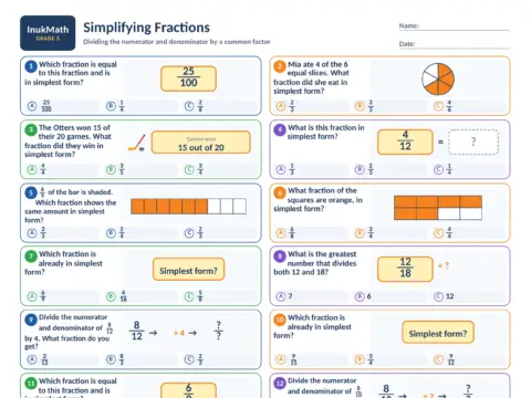 Simplifying Fractions – Grade 5 math worksheet preview