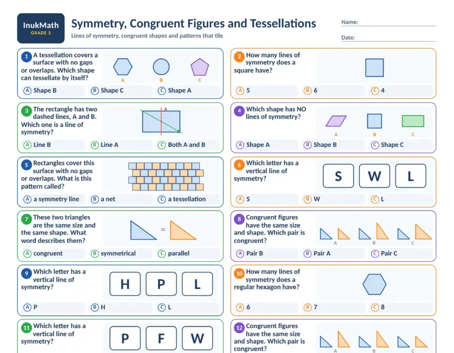 Symmetry, Congruent Figures and Tessellations – Grade 5 math worksheet (preview)