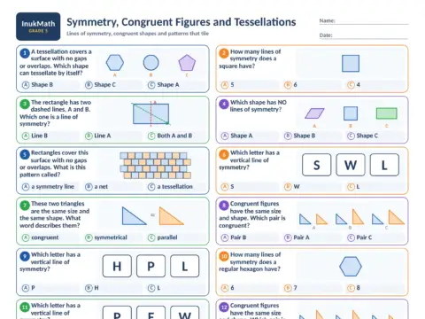 Symmetry, Congruent Figures and Tessellations – Grade 5 math worksheet preview