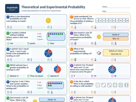 Theoretical and Experimental Probability – Grade 5 math worksheet preview