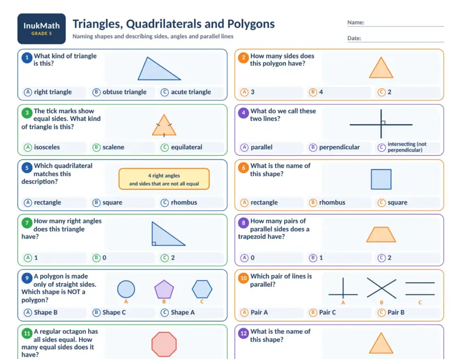 Triangles, Quadrilaterals and Polygons – Grade 5 math worksheet (preview)
