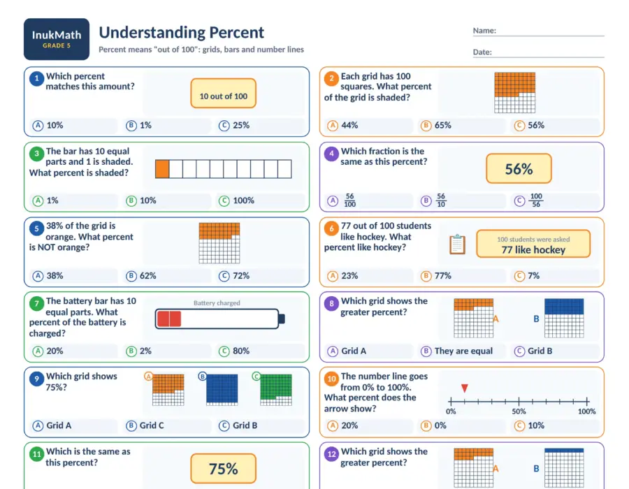 Understanding Percent – Grade 5 math worksheet (preview)