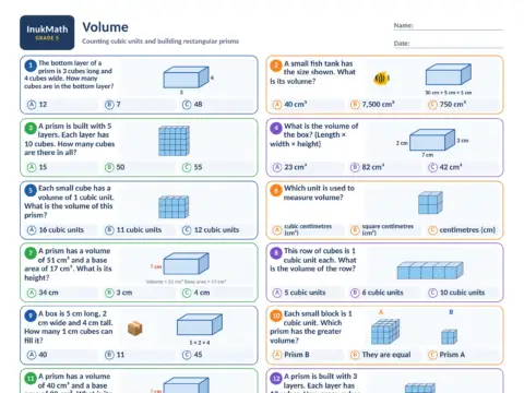 Volume – Grade 5 math worksheet preview