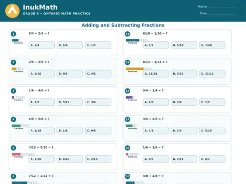 Adding and Subtracting Fractions – Grade 6 math worksheet preview