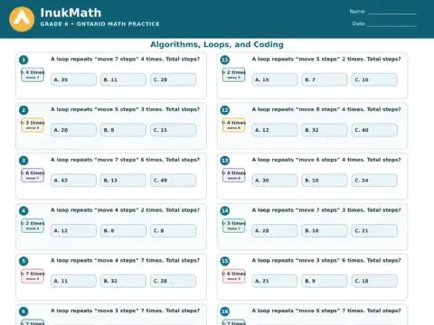 Algorithms, Loops and Coding – Grade 6 math worksheet preview