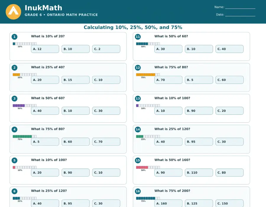 Calculating 10%, 25%, 50% and 75% – Grade 6 math worksheet (preview)