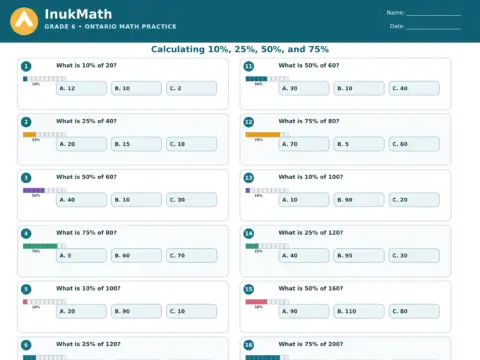 Calculating 10%, 25%, 50% and 75% – Grade 6 math worksheet preview