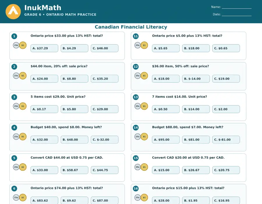 Canadian Financial Literacy – Grade 6 math worksheet (preview)
