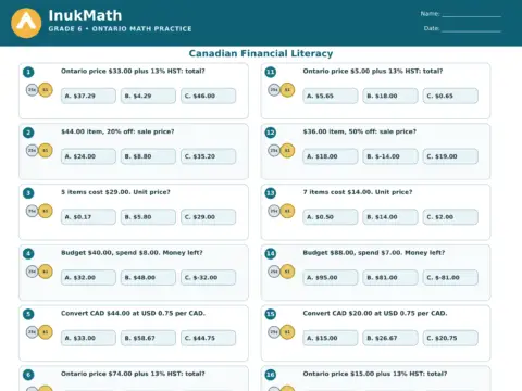 Canadian Financial Literacy – Grade 6 math worksheet preview