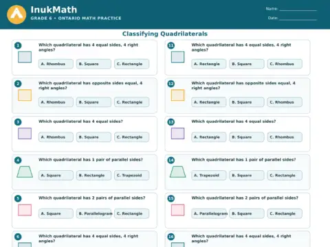 Classifying Quadrilaterals – Grade 6 math worksheet preview