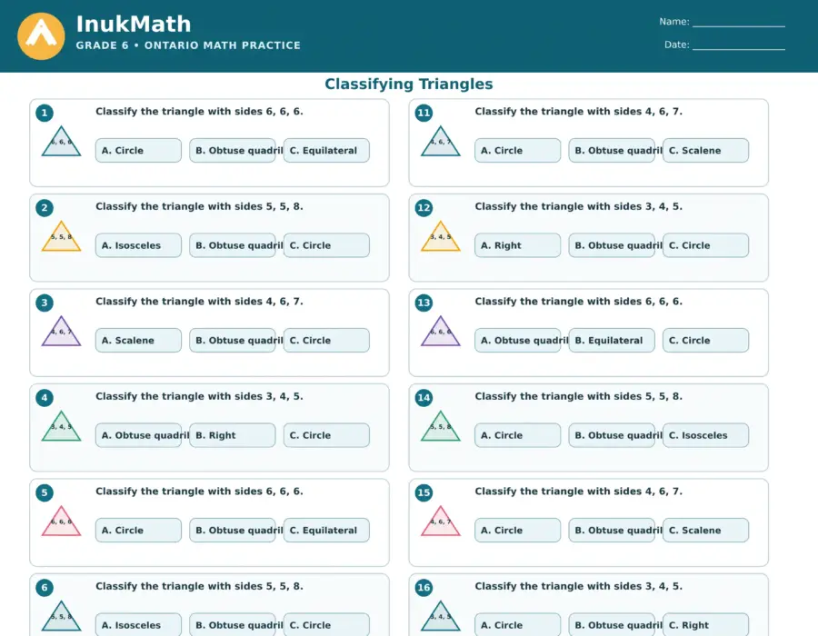Classifying Triangles – Grade 6 math worksheet (preview)