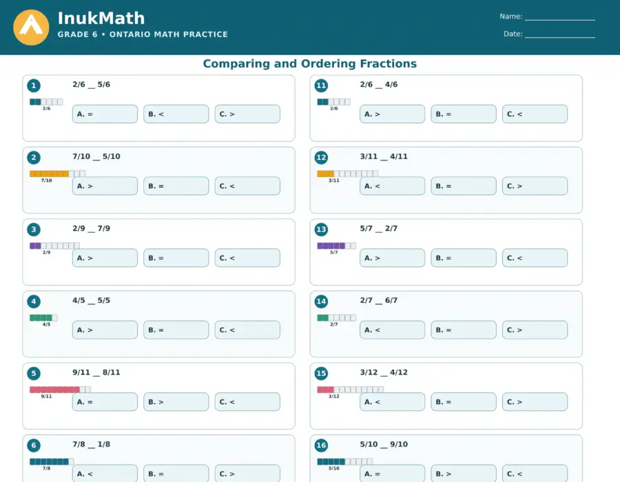 Comparing and Ordering Fractions – Grade 6 math worksheet (preview)