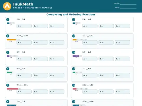 Comparing and Ordering Fractions – Grade 6 math worksheet preview
