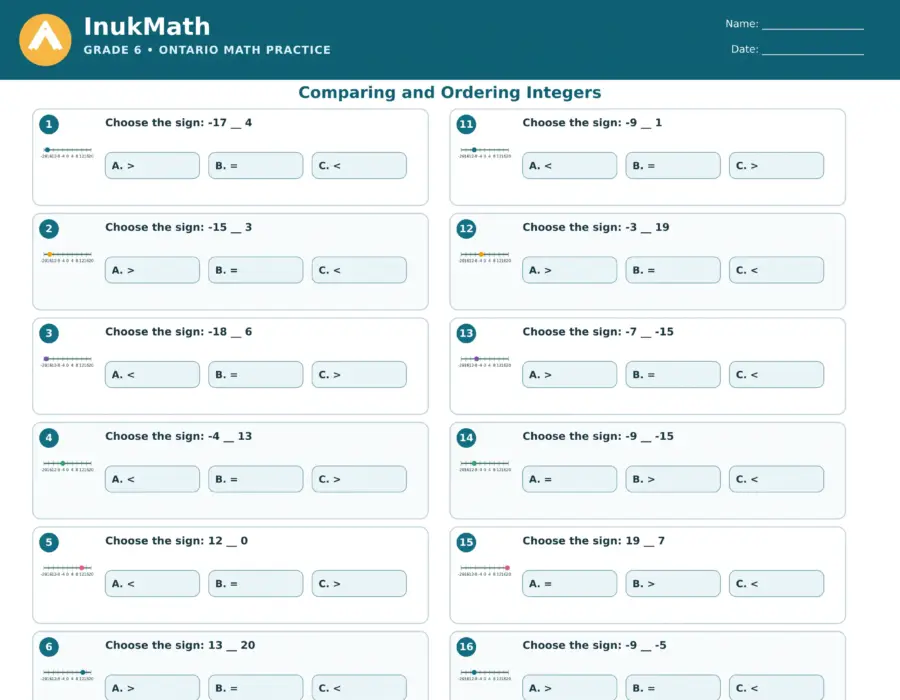 Comparing and Ordering Integers – Grade 6 math worksheet (preview)